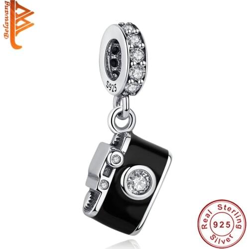 Wholesale Real 925 Sterling Silver Trip Camera Charm Black Classic Enamel Capture Bead Fit Original Bracelet Women DIY jewelry