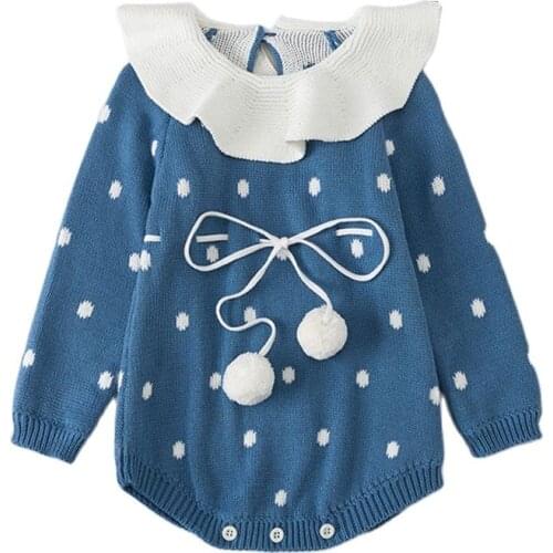 2020 Autumn Newborn Baby Sweater Onesies Long Sleeve Toddler Girl Winter Clothes Dot Thicken Ruffle Collar Knitted Baby Romper