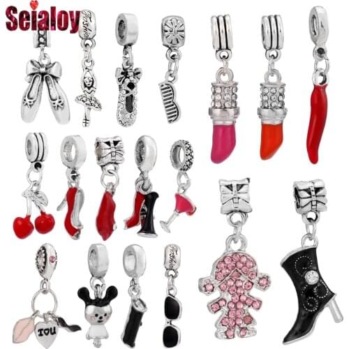 Seialoy Red Lips Lipstick High Heels Dangle Sunglasses Leather Bag Pendant Ballet Girl Charm Fit Bracelets & Necklace For Women