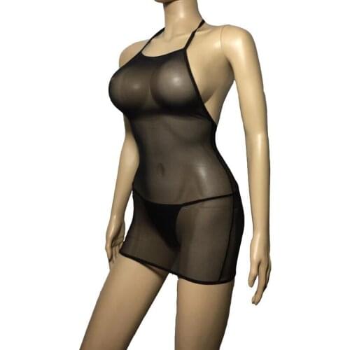Porn Women Erotic Lingerie See-Through Mesh Bodycon Mini Dress Halter Neck with Thong Babydoll Backless Night Wear