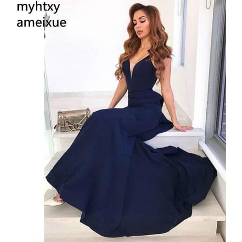2021 Sexy Evening Gowns Elegant Navy Blue Mermaid Evening Dresses Sleeveless Satin Floor Length Backless Prom Dresses Plus Size
