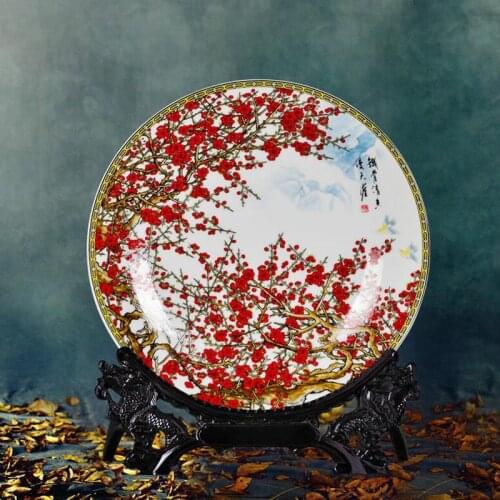 Modern Peony Cherry Flower Custom Decorative Ceramic Art Decorative Plate with Rack Hallway TV Cabinet Home Ornaments