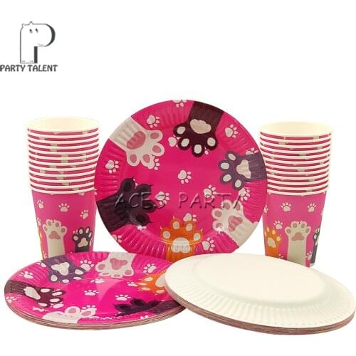 Party supplies 48pcs pet cat footprint party kids birthday party tableware set, 24pcs dessert plates dishes + 24pcs cups glasses