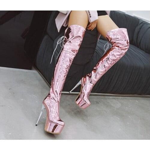 Spring Girls Pink Gold Sliver Patent Leather 55 mm Platform Over The Knee Boots Woman 14 cm Stiletto Heels Thigh Lace Up Boots
