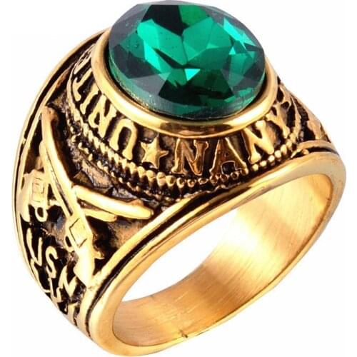 Vintage Army Ring Gold Ring with Mens Jewelry CZ Stone Stainless Steel Double Gun Pattern Ring