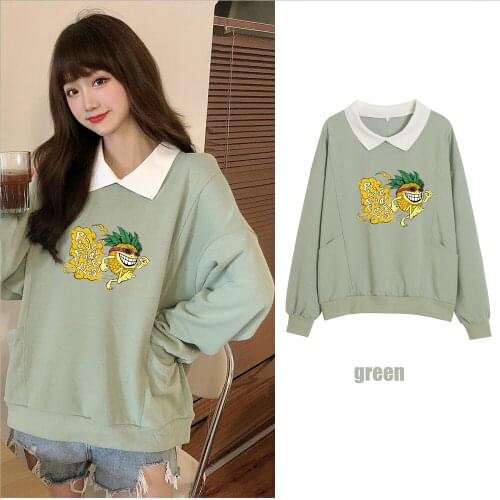 Cute Funny Pineapple Printed Pullover Sweatshirt Hip Hop Cotton Clothes for Women Turn-down Collar Tops Warm Long Sleeve Hoodies