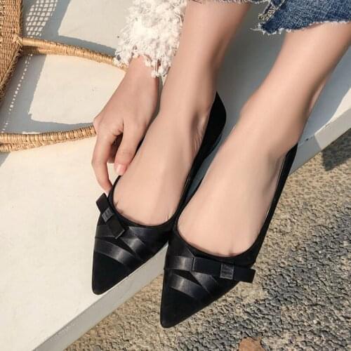 Flat bottom womens shoes pointed bow sheep suede shoes single shoes cover leather comfortable black Large size shoes