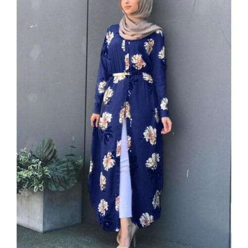 Muslim Women Maxi Dress Floral Printed Dubai Abaya Belted Split Arab Islamic Middle East Thobe Long Robe Dresses Clothing New