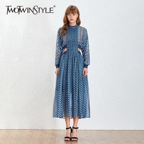 TWOTWINSTYLE Bohemian Style Stand Collar A Line Womens Dress Long Sleeve Print Hollow Out Female Dresses Fashion 2020 New Tide
