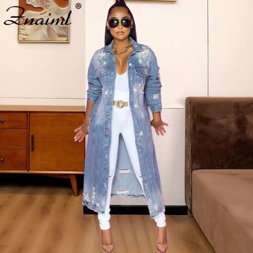 Znaiml 2021 Vintage Long Jean Jacket Women Sexy Ripped Denim Jackets Casual Female Long Sleeve Coat Streetwear Plus Size S-XXL
