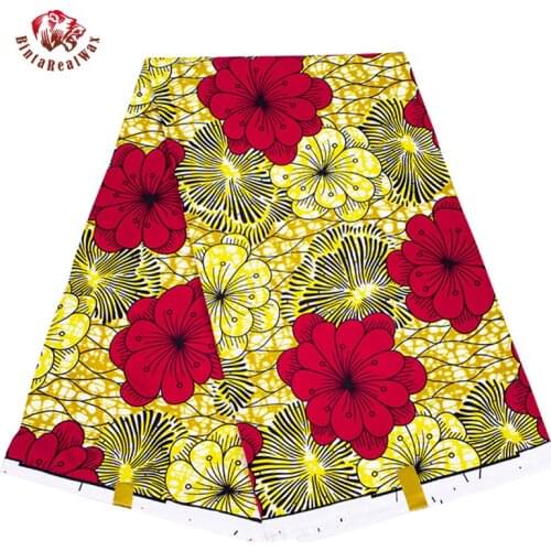 Golden and Red Flower Farbic 3/6 Yards/lot Ankara Polyester Sewing Fabric African Fabric for Women Party Dress FP6376