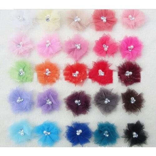 2013 Mini Tulle Mesh Flowers With Rhinestone Pearl Center Poof Flowers hair Accessories mixed colors 480pcs