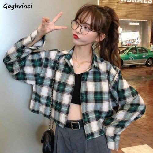 Basic Jackets Women Cropped Long Sleeve Turn-down Collar Single Breasted Plaid Korean Style Fashion Leisure All-match Cool New