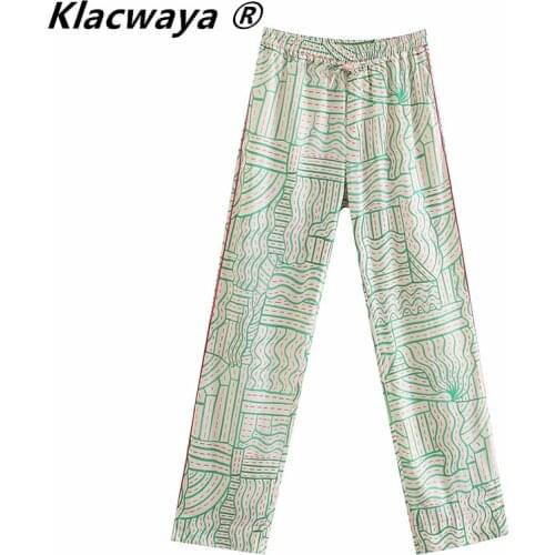 Klacwaya Women 2021 Fashion Patchwork Printed Pants Vintage High Elastic Waist Drawstring Side Pocket Female Trousers Mujer