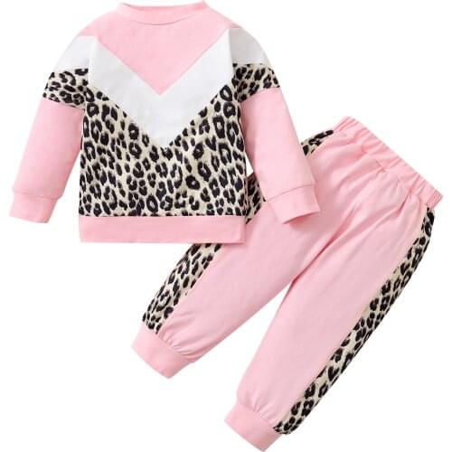 OPPERIAYA Children Leopard Print Clothes Casual Set Baby Girls Contrast Color Long Sleeve O-neck T-shirt Elastic Waist Trousers