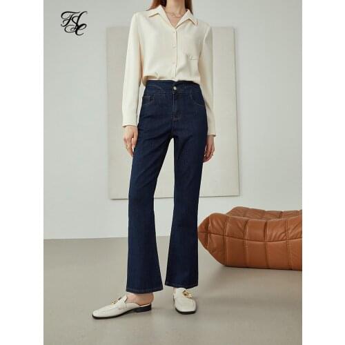 FANSILANEN Autumn Jeans Woman High Waist Vintage Streetwear Womens Retro Bootcut Jeans Boyfriend Jeans Dark Denim Blue Pants