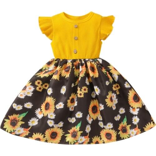 FOCUSNORM 2-7Y Kids Girl’s Summer Dress Ruffles Fly Sleeve Button Sunflower Printing Stitching A-line Princess Dress