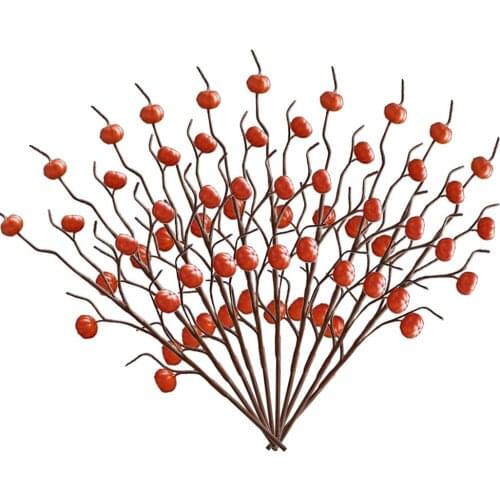 Artificial Red Fruit Branches 6 Head Fake Pumpkin Durable Simulation Quality Thanksgiving Floral Decorations Artifical Flower