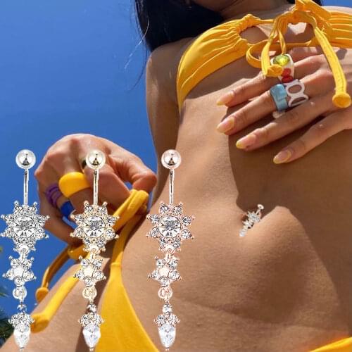 Flower Belly Piercing Button Rings Women Men Bar Barbell Drop Dangle Navel Rings Nombril Ombligo Ring Body Piercing Jewelry