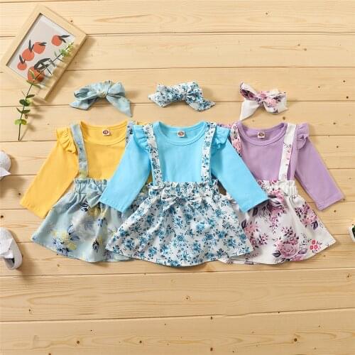 2020 Casual 0-24M Newborn Baby Girl Fall Clothes Ruffle Long Sleeve Solid Color Romper+Floral Print Straps Skirt Headband Set