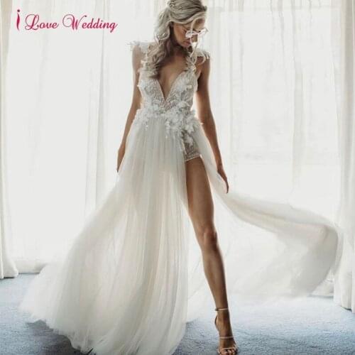 Lace Appliques Wedding Dress Sexy for Women V Neck High Side Slit Spaghetti Straps Backless Glitter Bridal Gowns Robe De Mariee