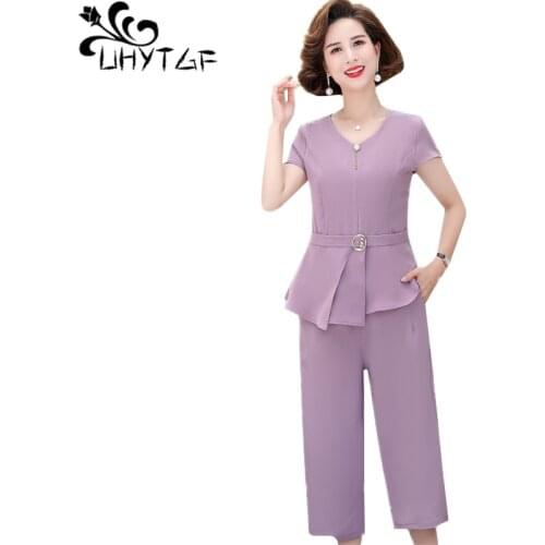 UHYTGF 2021 Summer Suit Womens Short-Sleeved Pullover T-Shirt Top+Pants Casual Two-Piece Sets Female Slim Plus Size Tracksuit 5