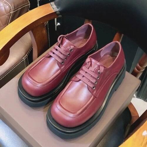 Round Toe Lace Up Women Loafers Fashion Genuine Leather Office Loafer Runway Party Dress Shoes Low Heels Flats Shoes Women 2021