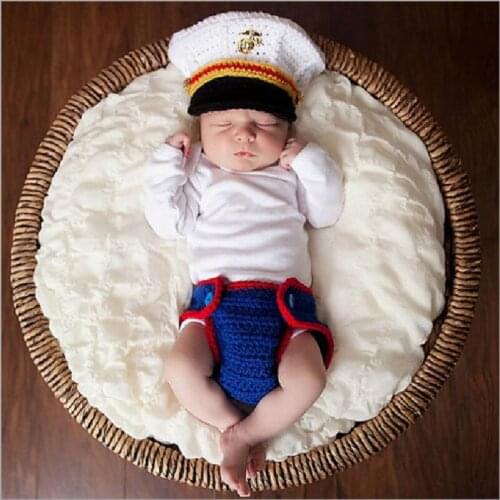 Handmade Newborn Cute Crochet Knit Hat Costume Prop Outfits Baby Uniform US Marine Corps Photography Clothing Accessories 0-3M