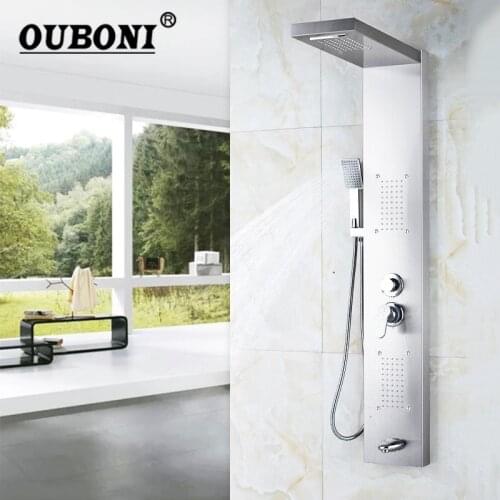 OUBONI Brushed Nickle Plate Bathroom Multifunctional Shower Sets Faucet Shower Column Shower Panel Hand Shower Massage Jets