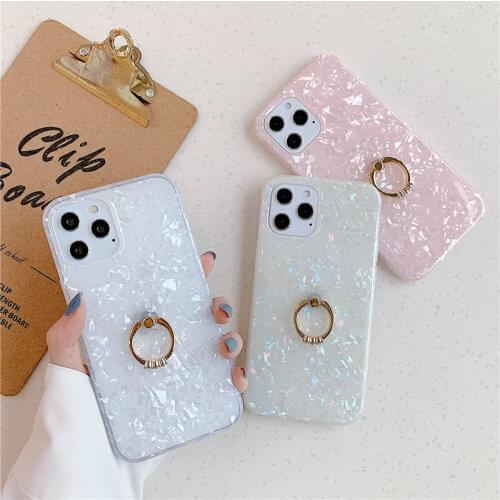 Marble Dream Shell Ring Holder Phone Case For iPhone 12 11 Pro Max XR XS Max X 7 8 Plus 12 Pro Max Glitter Soft IMD Back Cover