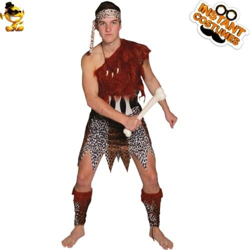 Halloween Mens Cosplay Prehistoric Jungle Costume Carnival Adult Tunic Fancy Dress Cool Caveman Set with Headband for Adults