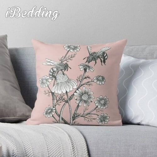 Bees And Chamomile On Dusty Pink Background Throw Pillow Cushion Cover Polyester Throw Pillows Case On Sofa Home Decor
