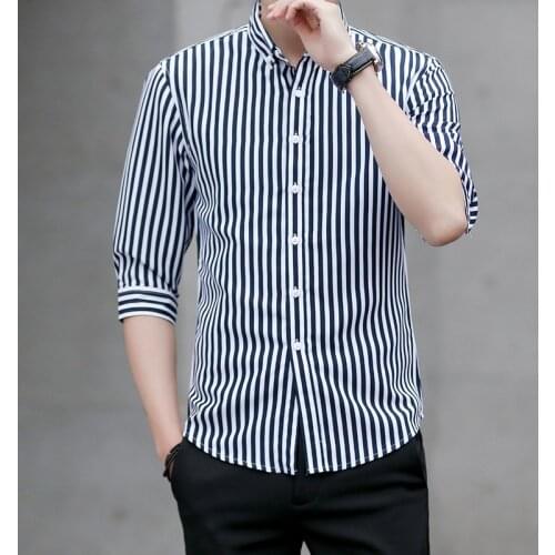 MRMT 2021 Brand New Spring and Summer New Mens Shirt Stripe Seven-minute Sleeve Shirt for Male Trim Tops Shirt