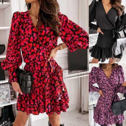 Traf Women Long Puff Sleeve Solid Color/Print Ruffle Hem Belt Spring V Neck Red Party Mini A-line Dress y2k Office Vestidos