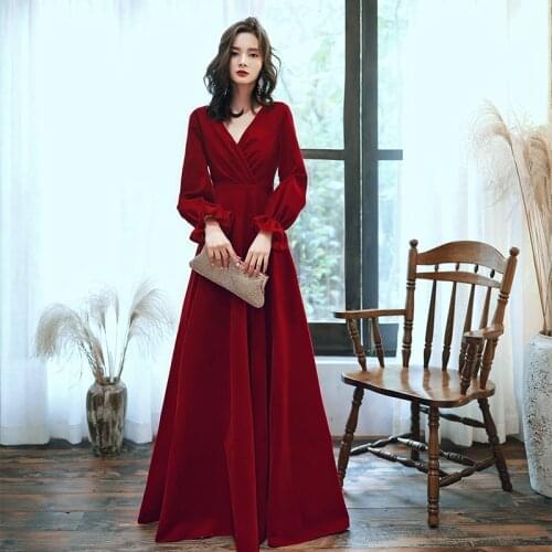 Velour Evening Dresses New Burgundy V-neck Pleat Zipper Back A-line Floor-length Full Sleeves Plus size Formal Party Dress A059