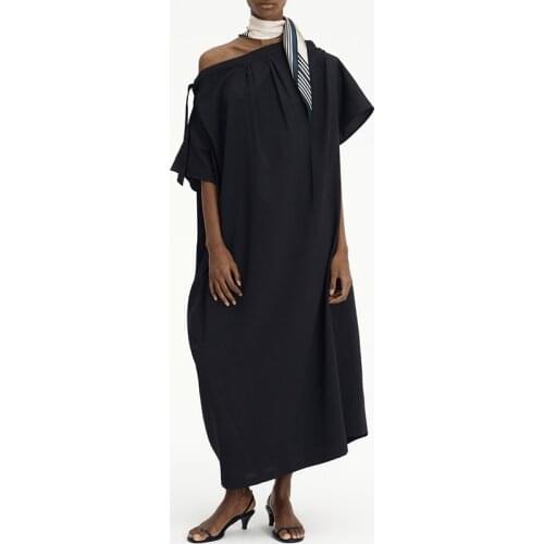 Women Black Cotton Summer Midi Dress Reversible Short Sleeve Scarf Shirring Oversize Loose Casual Dress