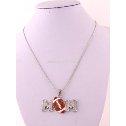 Mothers Day Gift 5pcs a lot rhodium plating zinc alloy football MOM pendant with snake chain necklace