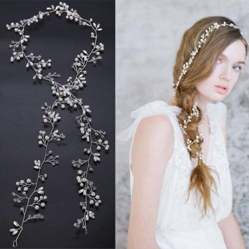 2019 Fashion 35CM Silver Crystal Pearl Headband Jewelry Wedding Bridal Hairband Hair Accessories Europe Style Headwear Handmade
