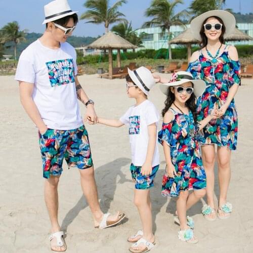 Family Clothing Summer Beach Wear Boy Man White Top Shorts Girl Woman Floral Printed Suspender Dresses Couple Lover Set