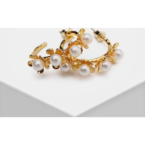 RISPADA Gold Color Flower Pearl Hoop Delicate lovely Earrings for Women