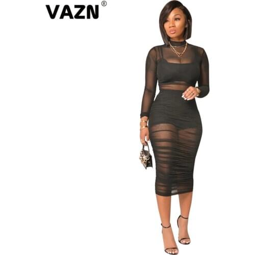 VAZN 2020 Mesh Fabric See Through Full Sleeve Office Fomral Women Casual High Street 3pcs Set Young Energetic Set