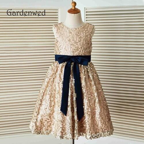 Gardenwed 2019 Champagne Sequin Flower Girl Dresses For Weddings Birthday First Communion Navy Blue Sash