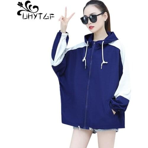 UHYTGF Hooded summer tops jacket women long sleeve sun protection clothing short coat Korean 3XL Oversized student thin top 1075