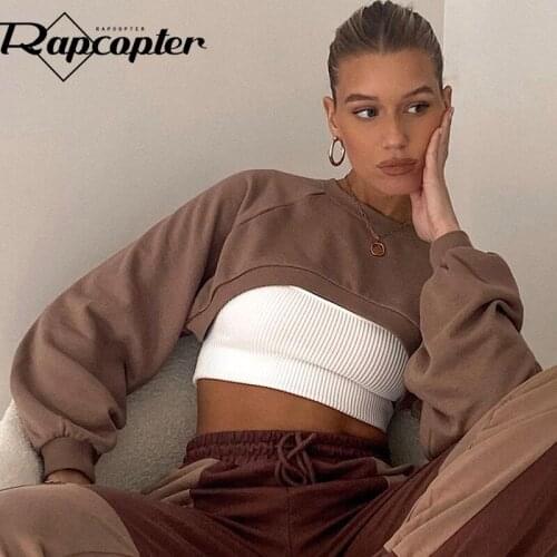 Rapcopter Brown Long Sleeve Crop Top Fashion O Neck Sweatshirt Autumn Winter Pullovers Harajuku Casual Tee Women 2021 New Tops