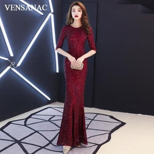 VENSANAC Elegant O Neck Sequined Mermaid Long Evening Dresses Party Half Sleeve Bodycon Prom Gowns