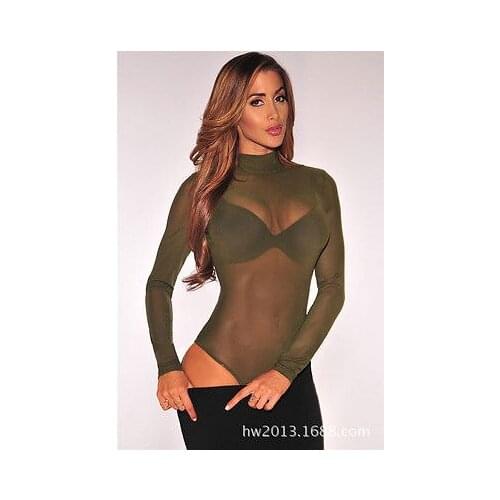 Women Sexy Mesh Transparent Long Sleeve Turtleneck Mesh Shirt Stretch Top Blouse