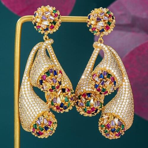 Be Original High Quality Trendy Big Pendant Earrings Full Cubic Zirconia Dangle Earings Women Wedding Party Bridal Jewelry