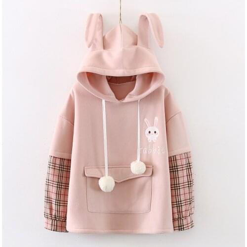 Cute Strawberry& Rabbit Fall Winter Womens Hoodies Rabbit Ears Thicken Warm Pullovers Long Hooded Patchwork Tops Cute Pink