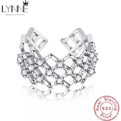 Fashion Creative Elegant Mesh Features Rings 925 Sterling Silver Rhombus Net Rhinestone Resizable Ring Women Trend Party Jewelry