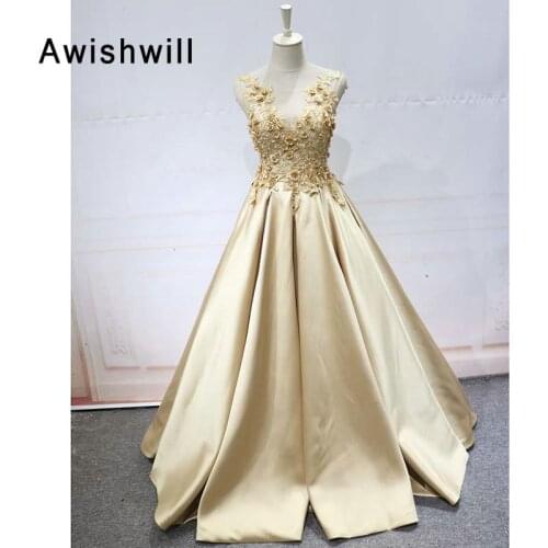 Modest Champagne Long Evening Dress 3D Floral Satin Lace-up Back A-line Women Prom Dress Formal Gowns Robe de Soiree